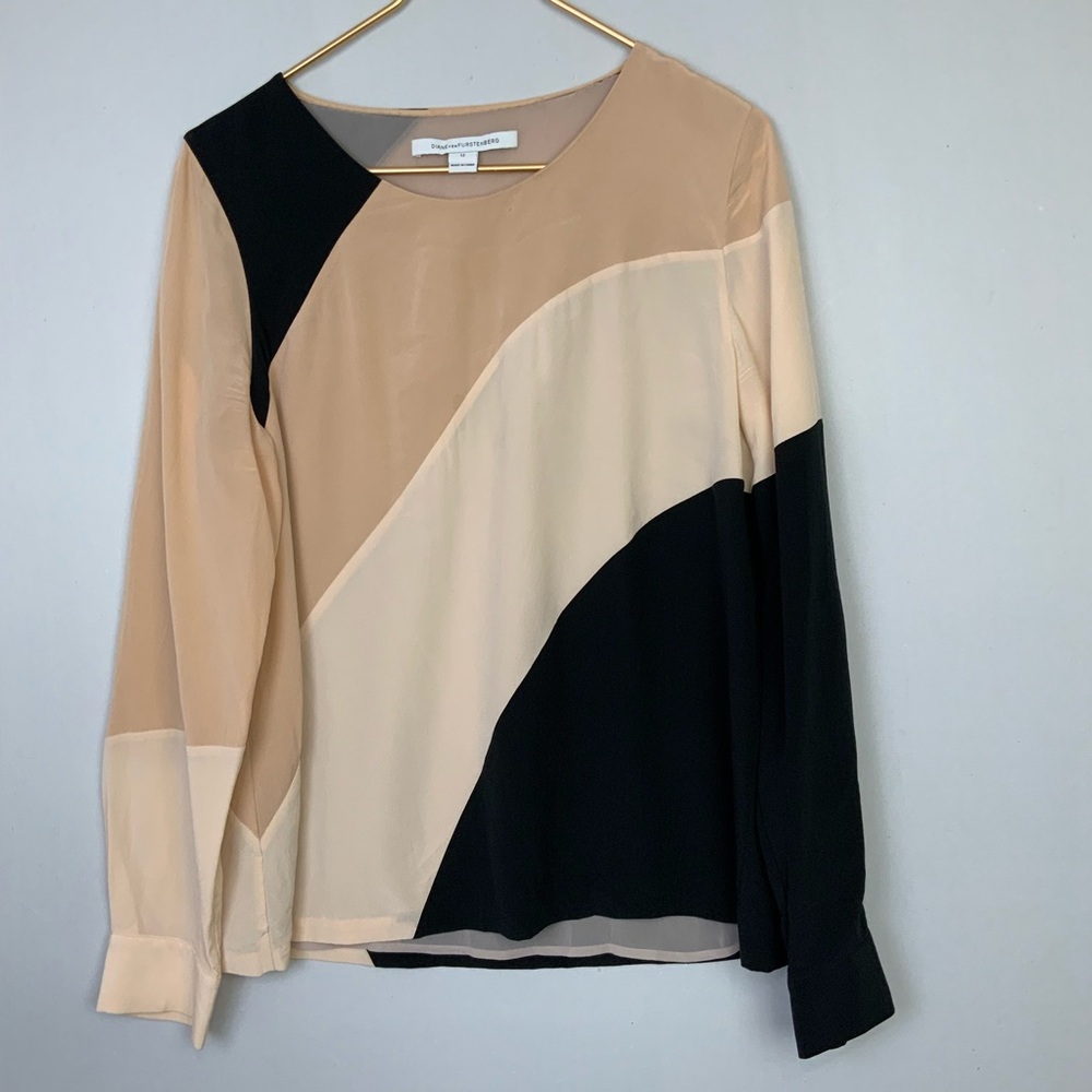 Diane‎ Von Furstenberg Sz 12 Seraphina Colorblock 100% Silk Long Sleeve Blouse